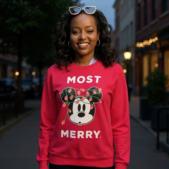 Disney Tops - DISNEY MICKEY MOUSE Most Merry Red Sweatshirt XL 1X Ugly Christmas Sweater